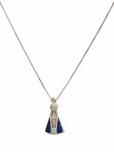Colar Nossa Senhora Aparecida de Prata de Lei 925 com 6 Zircônias Brancas e 12 Zircônias Safira