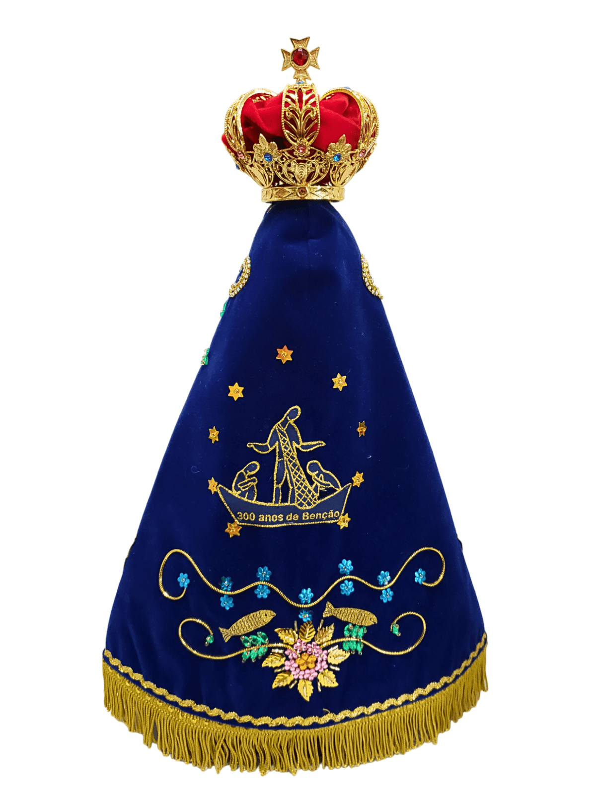 Imagem de Nossa Senhora Aparecida com Manto da Pesca Milagrosa 300 anos de Benção 42 cm
